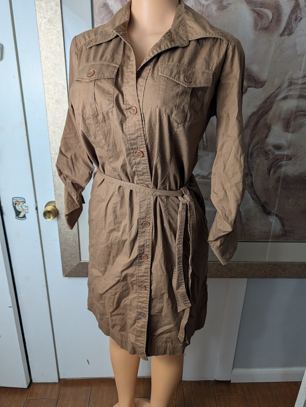 New York & Company Brown Utility Shirt Dress Tie Waist Safari Style Size 6